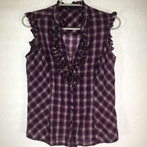 deep V plaid button down Ruffled scallop edges